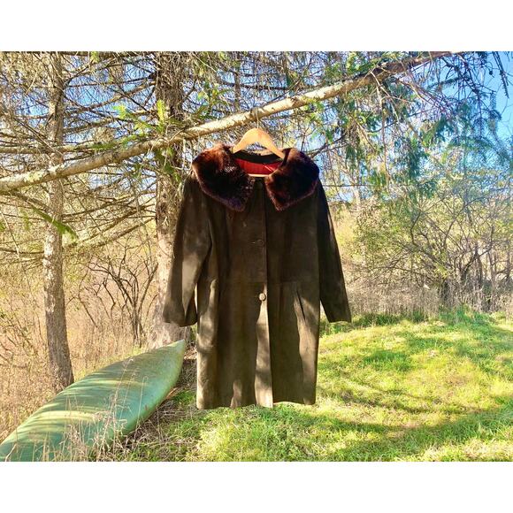 Vintage 60s Suede Fur Collar Coat | Chocolate Brown Mink Trim | Size M/L - Picture 9 of 14